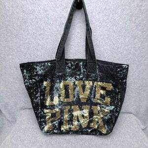 Pink Victoria's Secret Tote Bag Women OS Black Gold Sequin LOVE PINK